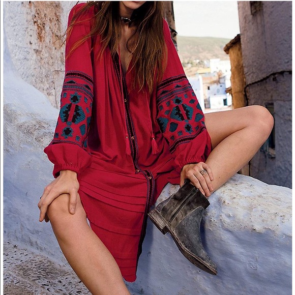 Free People Tops - Red Embroidered Boho Tunic Dress